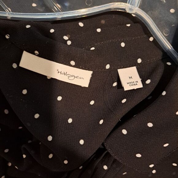 Halogen sheer lightweight button-up blouse top shirt black white polka-dots sz M - Picture 2 of 7